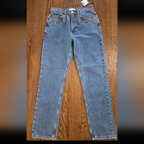 Re/Done Denim - Re/Done Blue Straight Leg Jeans with Beaded Embellishments